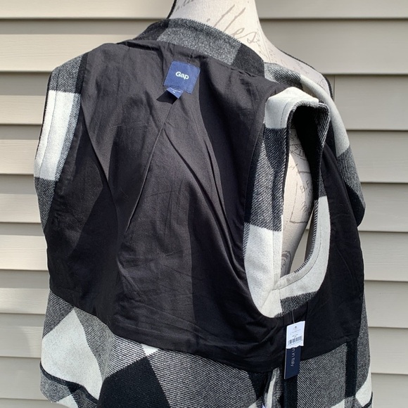 Gap Wool Blend Buffalo Plaid Drape Front Vest - Black/Off White - Picture 14 of 14